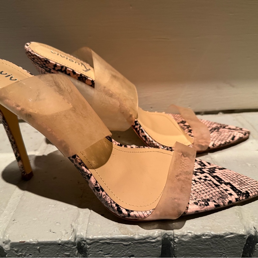Vivianly Snakeskin Heels with Clear Straps